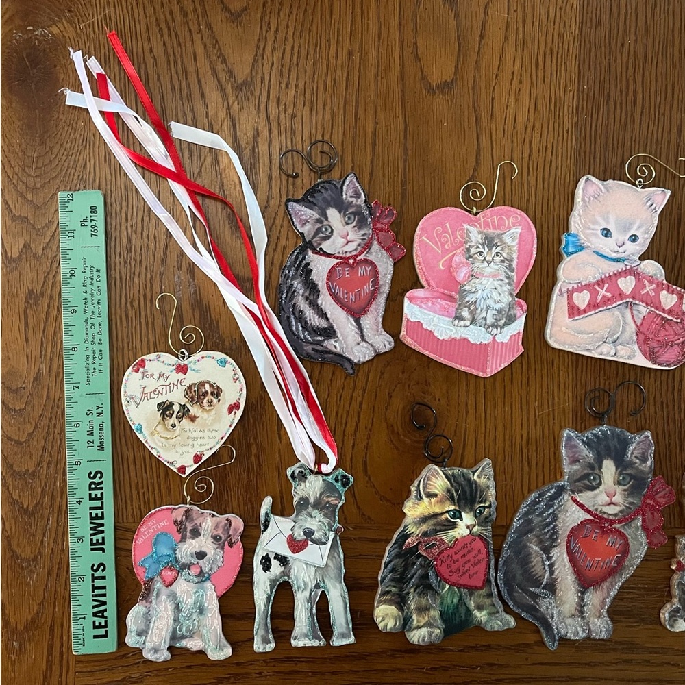 Set of 10 wooden Valentine's Day Cat and Dog Ornaments retro - Picture 6 of 7